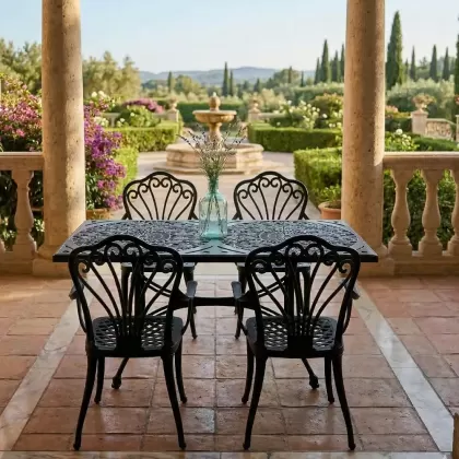 4 kişilik dış mekan bahçe, balkon için alüminyum döküm ferforjekollu kollu tavuskuşu figürlü dikdörtgen masa sandalye takımı 2