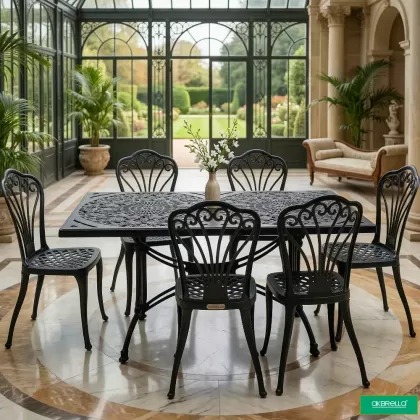 6 kişilik dış mekan bahçe, balkon için alüminyum döküm ferforjekollu kolsuz tavuskuşu figürlü dikdörtgen masa sandalye takımı 2