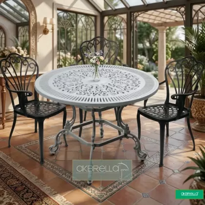 3 kişilik dış mekan bahçe, balkon için alüminyum döküm ferforje kollu tavuskuşu figürlü yuvarlak masa sandalye takımı 2