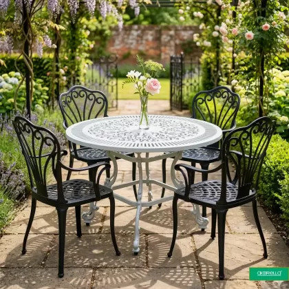 4 kişilik dış mekan bahçe, balkon için alüminyum döküm ferforjekollu tavuskuşuX figürlü yuvarlak masa sandalye takımı 2