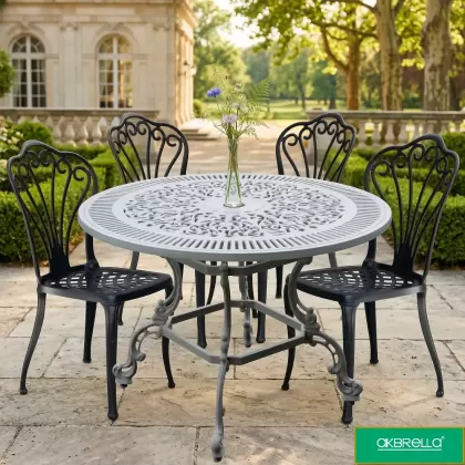 4 kişilik dış mekan bahçe, balkon için alüminyum döküm ferforjekollu kolsuz tavuskuşu figürlü yuvarlak masa sandalye takımı 2