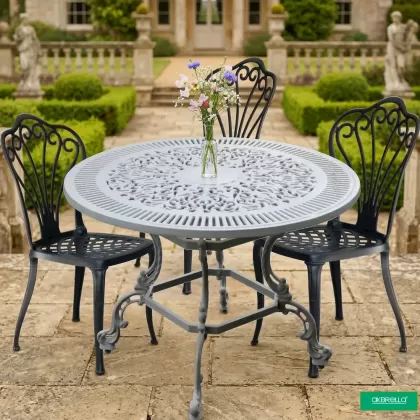3 kişilik dış mekan bahçe, balkon için alüminyum döküm ferforjekollu kolsuz tavuskuşu figürlü yuvarlak masa sandalye takımı 2