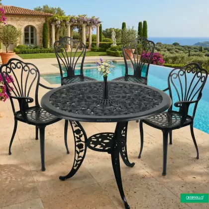 4 kişilik dış mekan bahçe, balkon için alüminyum döküm ferforjekollu kollu tavuskuşu figürlü yuvarlak masa sandalye takımı 2