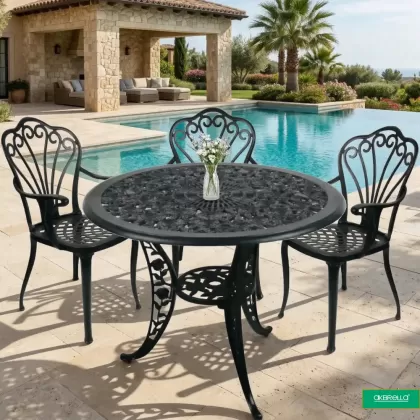 3 kişilik dış mekan bahçe, balkon için alüminyum döküm ferforjekollu kollu tavuskuşu figürlü yuvarlak masa sandalye takımı 2