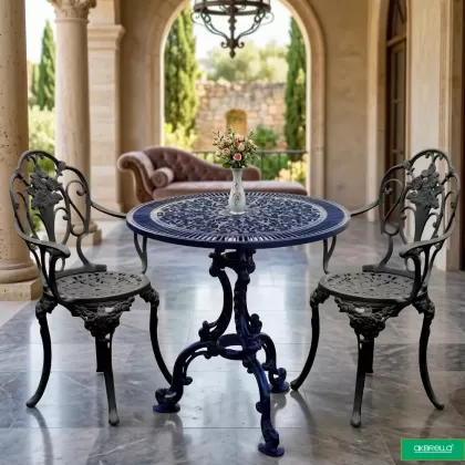 2 kişilik dış mekan bahçe, balkon için alüminyum döküm ferforje kollu gül motifli yuvarlak masa sandalye takımı 2