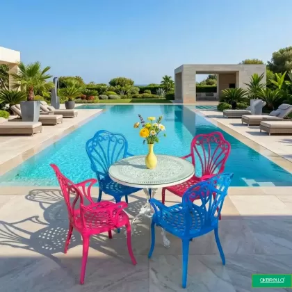 4 kişilik dış mekan bahçe, balkon için alüminyum döküm ferforje renkli kollu tavuskuşu figürlü yuvarlak masa sandalye takımı 4