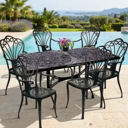 6 kişilik dış mekan bahçe, balkon için alüminyum döküm ferforjekollu kollu tavuskuşu figürlü dikdörtgen masa sandalye takımı 2