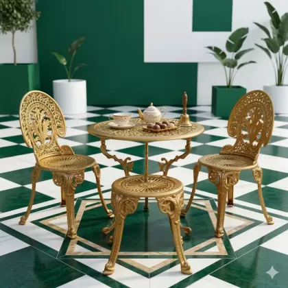 3 kişilik dış mekan bahçe, balkon için alüminyum döküm ferforje Bizans motifli yuavarlak gold tabureli masa sandalye takımı 5