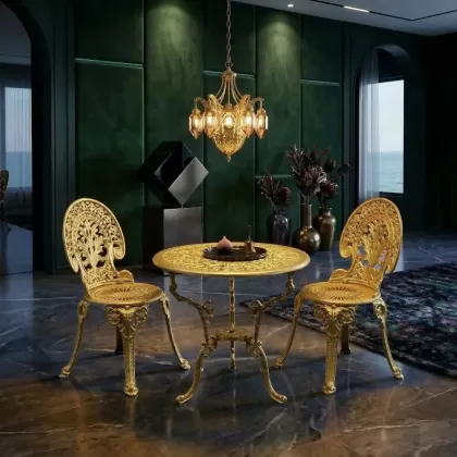 2 kişilik dış mekan bahçe, balkon için alüminyum döküm ferforje Bizans motifli yuvarlak gold masa sandalye takımı 3