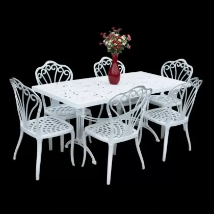 6 kişilik dış mekan bahçe, balkon için alüminyum döküm ferforje kolsuz tavuskuşu figürlü dikdörtgen masa sandalye takımı