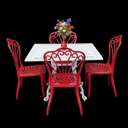 4 kişilik dış mekan bahçe, balkon için alüminyum döküm ferforje kolsuz tavuskuşu figürlü kare masa sandalye takımı 4