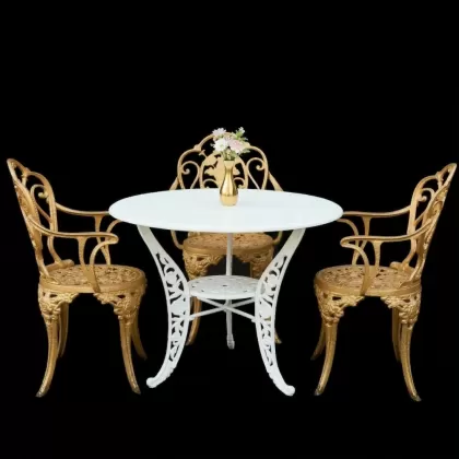 3 kişilik dış mekan bahçe, balkon için alüminyum döküm ferforje kollu gül figürlü yuvarlak masa sandalye takımı 2