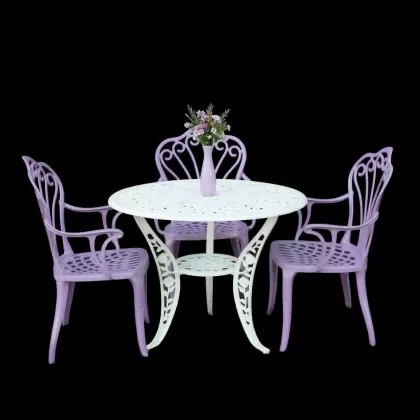 3 kişilik dış mekan bahçe, balkon için alüminyum döküm ferforjekollu kollu tavuskuşu figürlü yuvarlak masa sandalye takımı 2