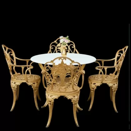 4 kişilik dış mekan bahçe, balkon için alüminyum döküm ferforjekollu kollu gül figürlü yuvarlak masa sandalye takımı 2