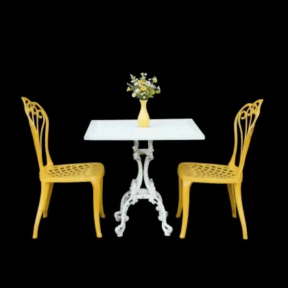 2 kişilik dış mekan bahçe, balkon için alüminyum döküm ferforje kolsuz tavuskuşu motifli kare masa sandalye takımı 2