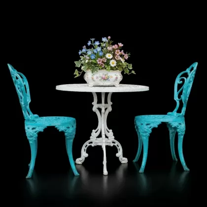 2 kişilik dış mekan bahçe, balkon için alüminyum döküm ferforje kolsuz gül motifli yuvarlak masa sandalye takımı 2