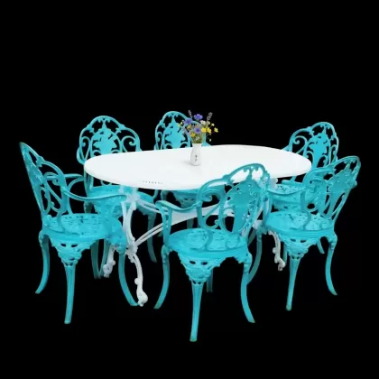 6 kişilik dış mekan bahçe, balkon için alüminyum döküm ferforje kollu gül figürlü oval masa sandalye takımı 2