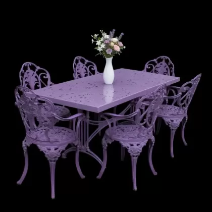 6 kişilik dış mekan bahçe, balkon için alüminyum döküm ferforje kollu gül figürlü dikdörtgen masa sandalye takımı 2