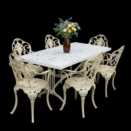 6 kişilik dış mekan bahçe, balkon için alüminyum döküm ferforje kollu gül figürlü dikdörtgen masa sandalye takımı 4