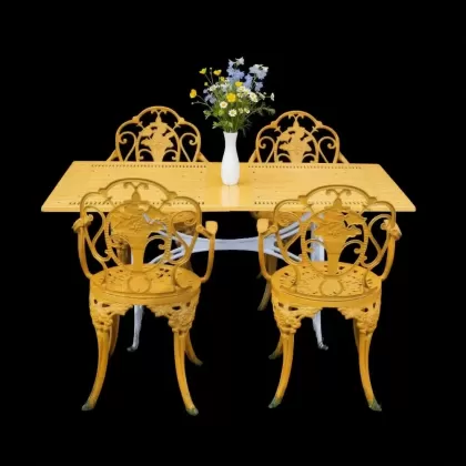 4 kişilik dış mekan bahçe, balkon için alüminyum döküm ferforje kollu gül figürlü dikdörtgen masa sandalye takımı 2