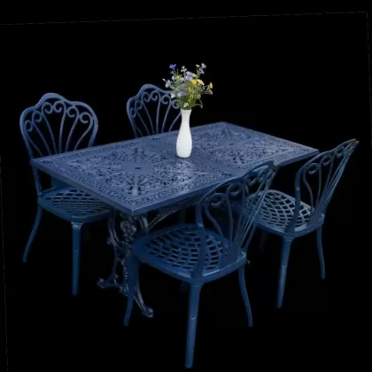 4 kişilik dış mekan bahçe, balkon için alüminyum döküm ferforje kolsuz tavuskuşu figürlü dikdörtgen masa sandalye takımı 3