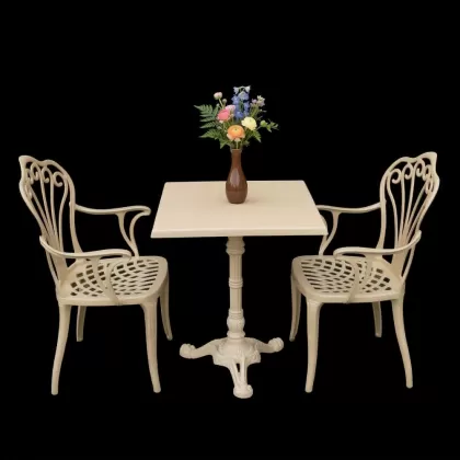 2 kişilik dış mekan bahçe, balkon için alüminyum döküm ferforje kollu tavuskuşu motifli tek ayak kare masa sandalye takımı 3