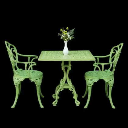 2 kişilik dış mekan bahçe, balkon için alüminyum döküm ferforjekollu kollu gül figürlü kare masa sandalye takımı 2