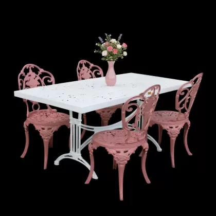 4 kişilik dış mekan bahçe, balkon için alüminyum döküm ferforje kolsuz gül figürlü dikdörtgen masa sandalye takımı 2