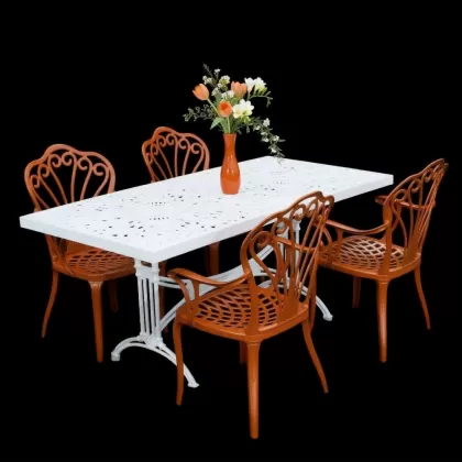 4 kişilik dış mekan bahçe, balkon için alüminyum döküm ferforje kollu tavuskuşu figürlü dikdörtgen masa sandalye takımı 3