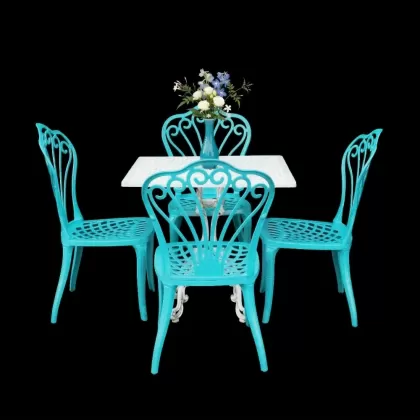 4 kişilik dış mekan bahçe, balkon için alüminyum döküm ferforje kolsuz tavuskuşu motifli kare masa sandalye takımı 2