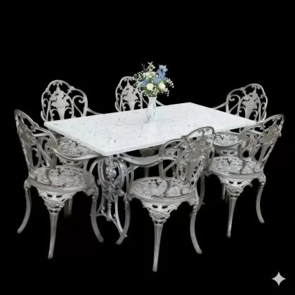 6 kişilik dış mekan bahçe, balkon için alüminyum döküm ferforje kolsuz gül figürlü dikdörtgen masa sandalye takımı 4