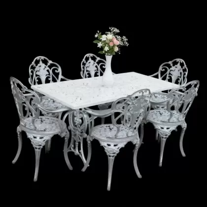 6 kişilik dış mekan bahçe, balkon için alüminyum döküm ferforje kolsuz gül figürlü dikdörtgen masa sandalye takımı 5