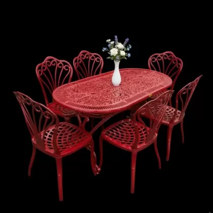 6 kişilik dış mekan bahçe, balkon için alüminyum döküm ferforjekollu kolsuz tavuskuşu figürlü oval masa sandalye takımı 2