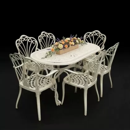 6 kişilik dış mekan bahçe, balkon için alüminyum döküm ferforje kollu tavuskuşu figürlü elips masa sandalye takımı 3