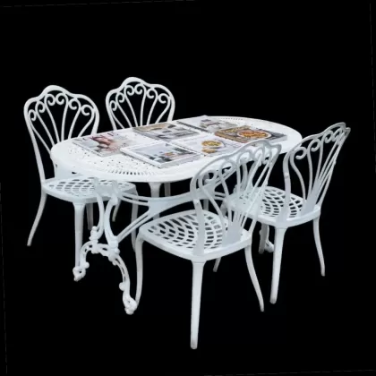 4 kişilik dış mekan bahçe, balkon için alüminyum döküm ferforjekollu kolsuz tavuskuşu figürlü oval masa sandalye takımı 5