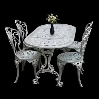  4 kişilik dış mekan bahçe, balkon için alüminyum döküm ferforjekollu kolsuz gül figürlü oval masa sandalye takımı 3
