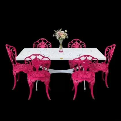 6 kişilik dış mekan bahçe, balkon için alüminyum döküm ferforje kolsuz gül figürlü dikdörtgen masa sandalye takımı 5