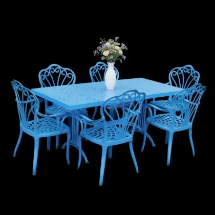 6 kişilik dış mekan bahçe, balkon için alüminyum döküm ferforje kollu tavuskuşu figürlü dikdörtgen masa sandalye takımı 4