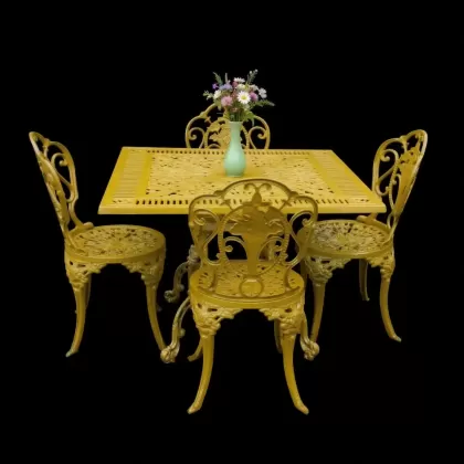 6 kişilik dış mekan bahçe, balkon için alüminyum döküm ferforje kolsuz gül figürlü kare masa sandalye takımı 5