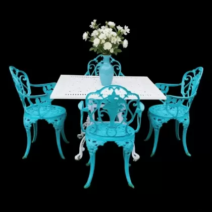 4 kişilik dış mekan bahçe, balkon için alüminyum döküm ferforje kollu gül figürlü kare masa sandalye takımı 2