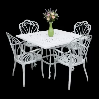 4 kişilik dış mekan bahçe, balkon için alüminyum döküm ferforje kollu tavuskuşu figürlü kare masa sandalye takımı 2