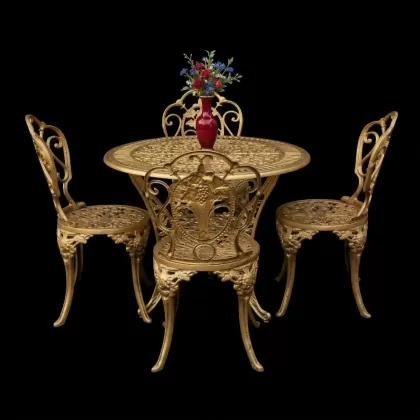 4 kişilik dış mekan bahçe, balkon için alüminyum döküm ferforjekollu kolsuz gül figürlü yuvarlak masa sandalye takımı gold