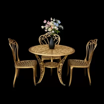 3 kişilik dış mekan bahçe, balkon için alüminyum döküm ferforjekollu kolsuz tavuskuşu figürlü yuvarlak masa sandalye takımı gold