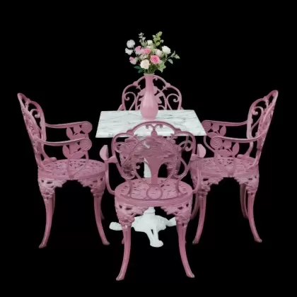 4 kişilik dış mekan bahçe, balkon için alüminyum döküm ferforje kollu güllü motifli kare masa sandalye takımı pink