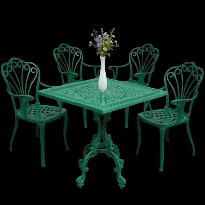 4 kişilik dış mekan bahçe, balkon için alüminyum döküm ferforjekollu kollu tavuskuşu figürlü kare masa sandalye takımı yeşil