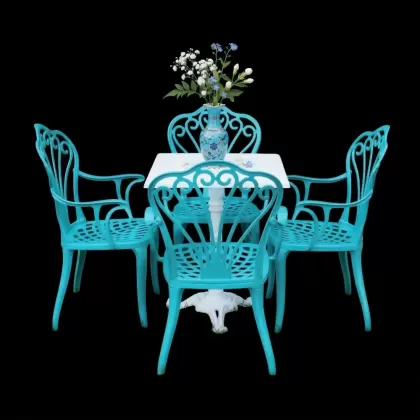 4 kişilik dış mekan bahçe, balkon için alüminyum döküm ferforje kollu tavuskuşu motifli tek ayak kare masa sandalye takımı 2