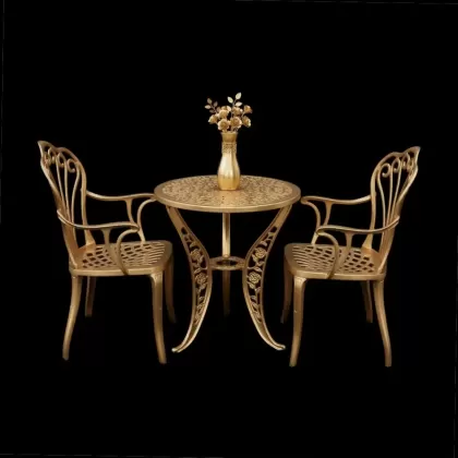 2 kişilik dış mekan bahçe, balkon için alüminyum döküm ferforje kollu tavuskuşu motifli yuvarlak masa sandalye takımı gold