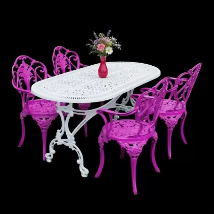 4 kişilik dış mekan bahçe, balkon için alüminyum döküm ferforje kollu gül figürlü oval masa sandalye takımı fuşya