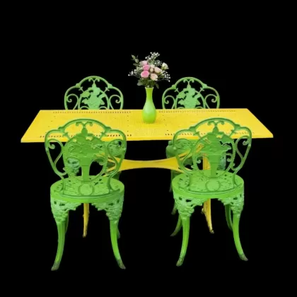 4 kişilik dış mekan bahçe, balkon için alüminyum döküm ferforje kolsuz gül figürlü dikdörtgen masa sandalye takımı yeşil