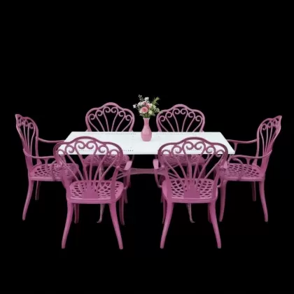 6 kişilik dış mekan bahçe, balkon için alüminyum döküm ferforje kollu tavuskuşu figürlü dikdörtgen masa sandalye takımı Gül kurusu